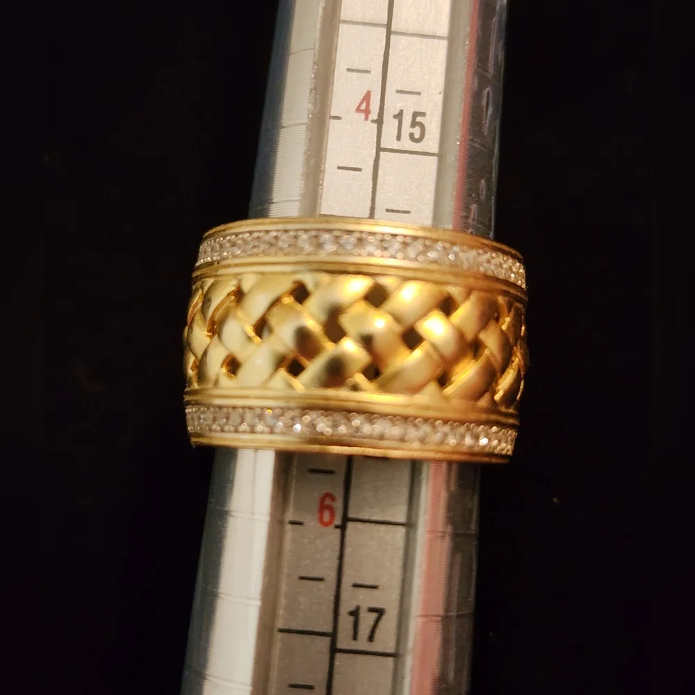 Elegant Freida Rothman Cigar Band Gold & Silver Braided Ring With Cubic Zirconia